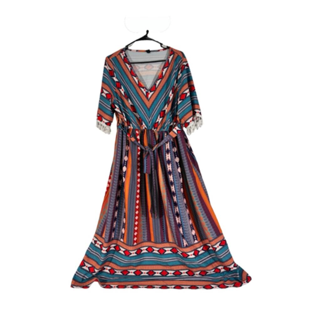 Womens 1XL Multicolor Geometric Print V Neck Tie Waist Long Dress